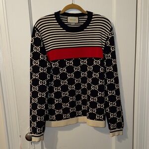 Gucci Men's Striped Navy and Red Crewneck Sweater